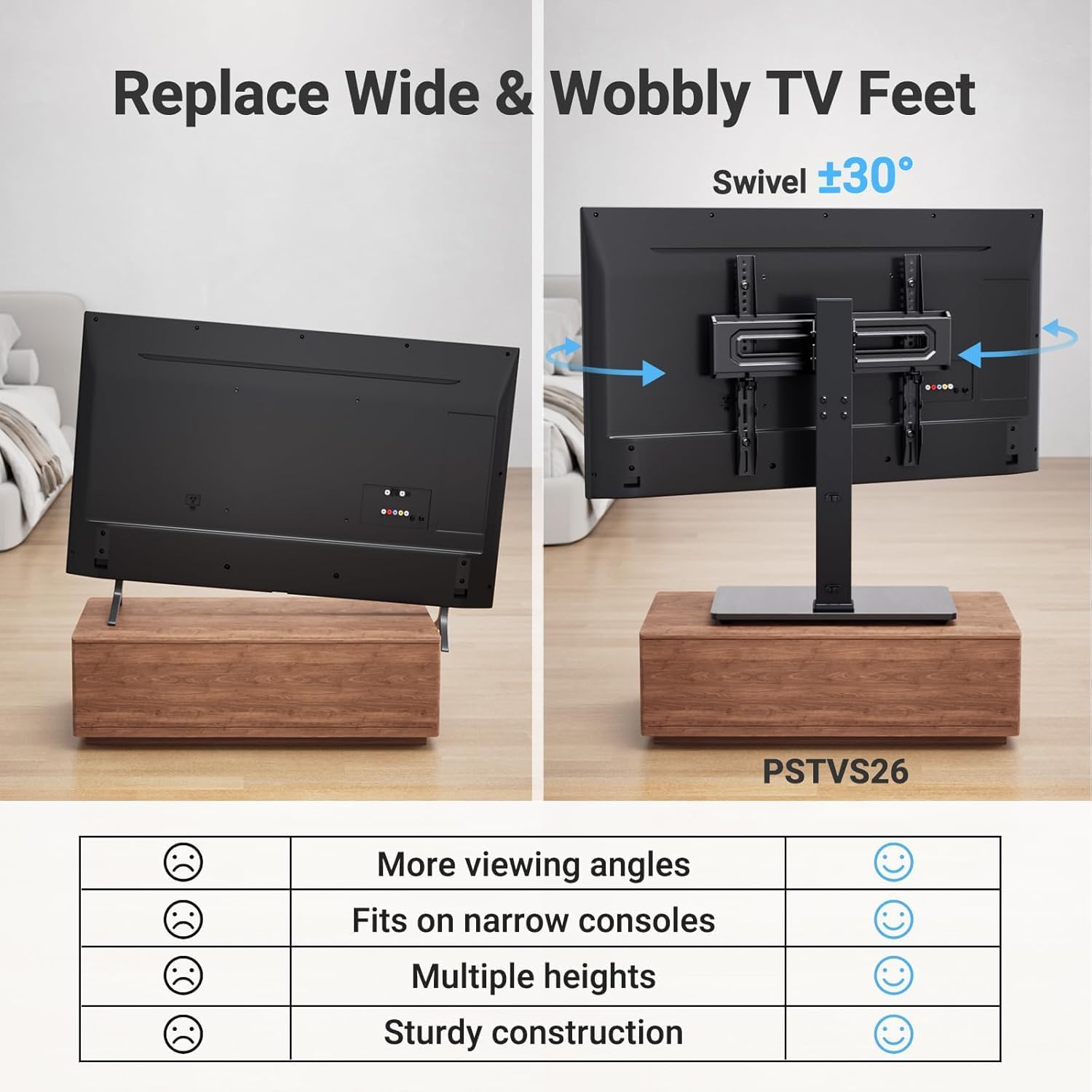 PERLESMITH Universal Swivel TV Stand for 32–70 inch TVs, Height Adjustable Table Top TV Stand Mount with Tilt, Tempered Glass Base, Holds up to 88 lbs, Max VESA 400x400mm, PSTVS26