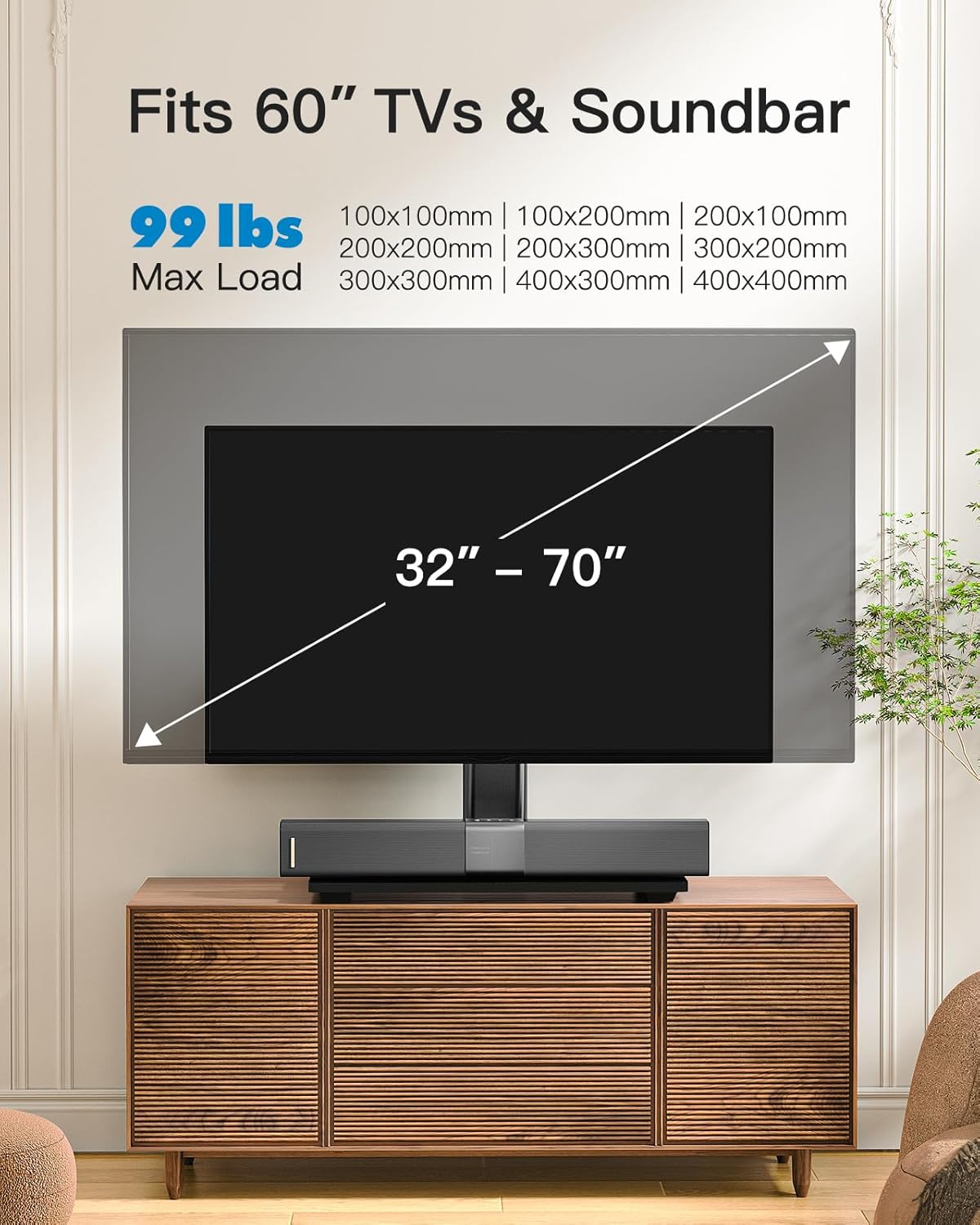 PERLESMITH Universal TV Stand Legs for 32-70 inch TVs, Table Top TV Stand up to 99 lbs, Height Adjustable Television TV Mount, Universal TV Base for Livingroom & Bedroom, VESA 400x400mm PSTVS04