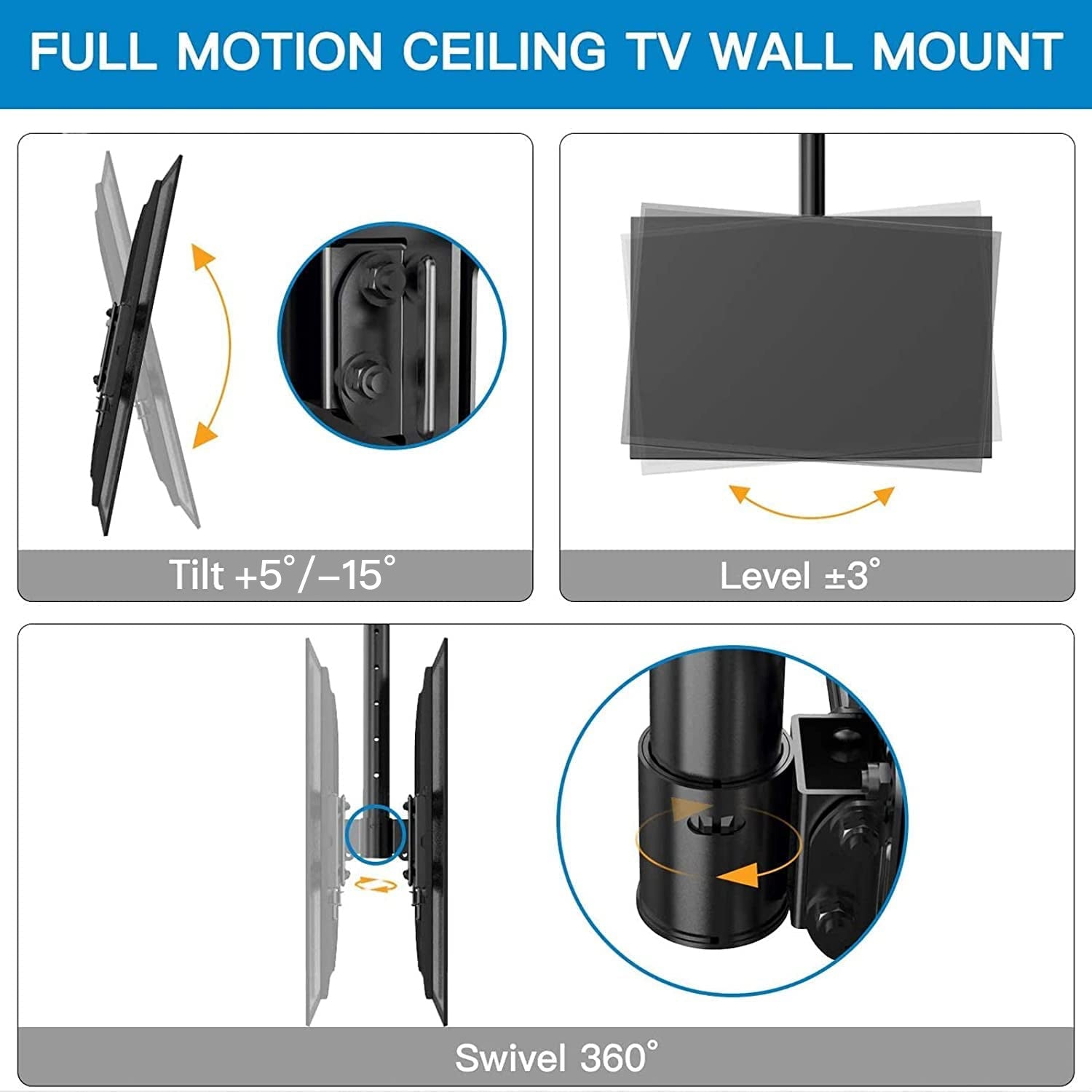 Multi-Adjustable Ceiling TV Mount For 26