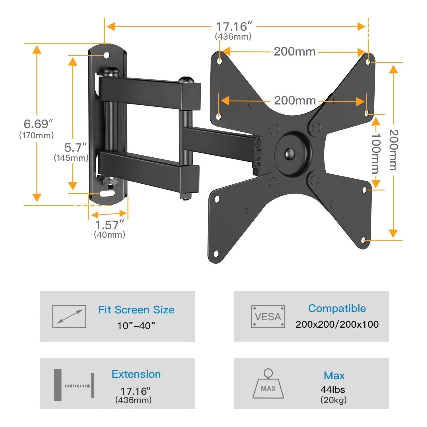 Full-Motion TV Wall Mount For 10